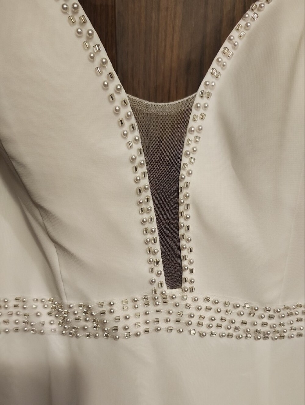 Minimalist White V-Neck Wedding Dress with Beaded Waist - Picture 2 of 16